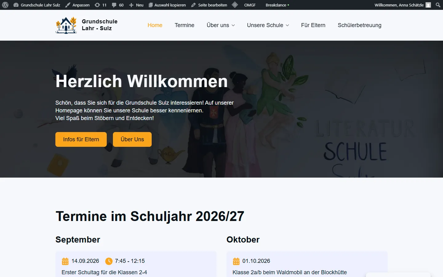 Startseite der Grundschule Lahr-Sulz mit großer Willkommens-Überschrift über einem Wandbild